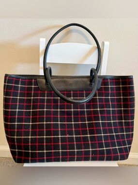 Vintage Talbots Black & Red Plaid Tote with Black Leather Handles